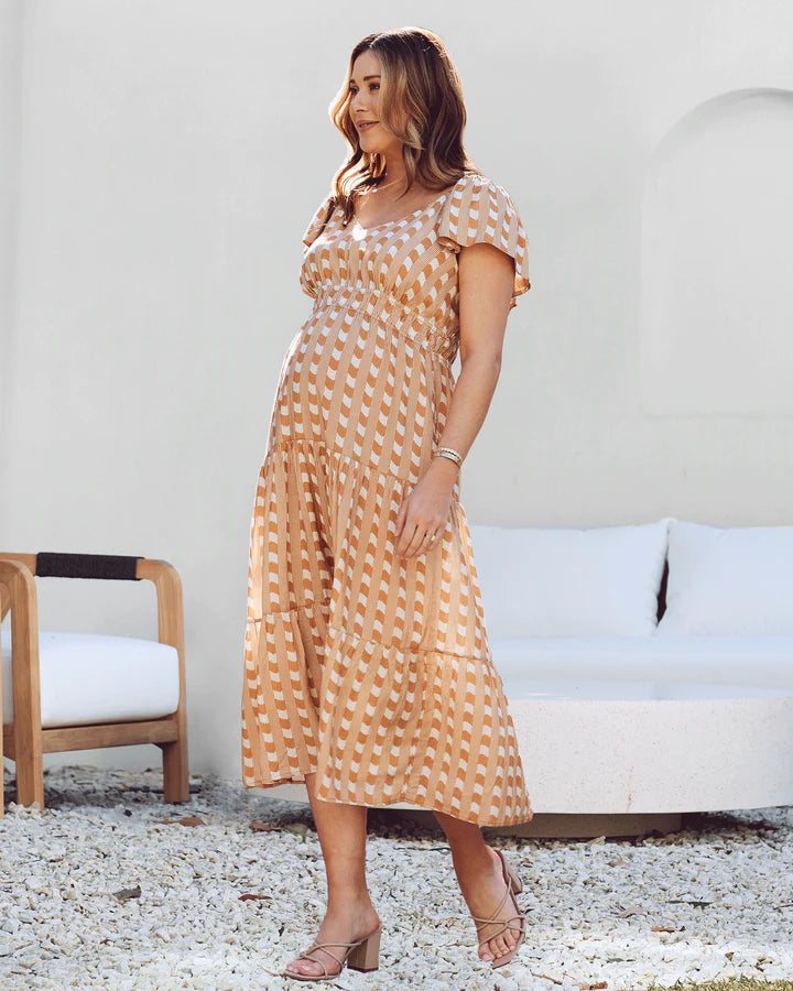 Layla Maternity Ruffled Dress in Sandstone Stripe