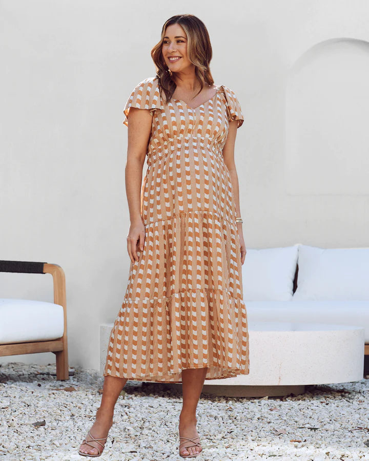 Layla Maternity Ruffled Dress in Sandstone Stripe