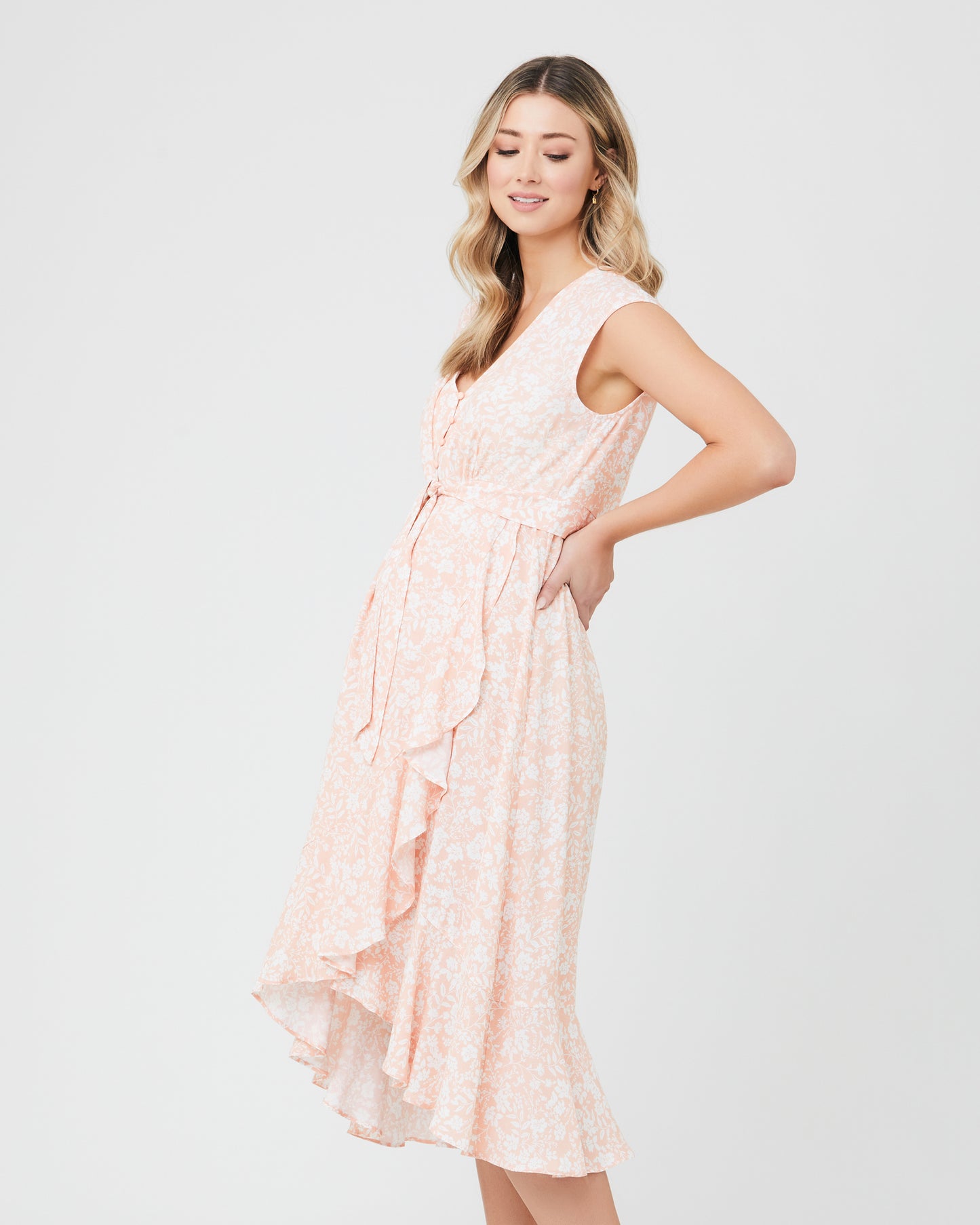 Alanna Tie Front Dress - Peachy pink/ White