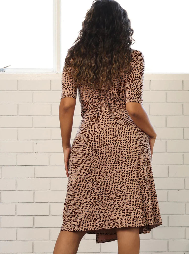 Classic Maternity Wrap Dress in Brown Print