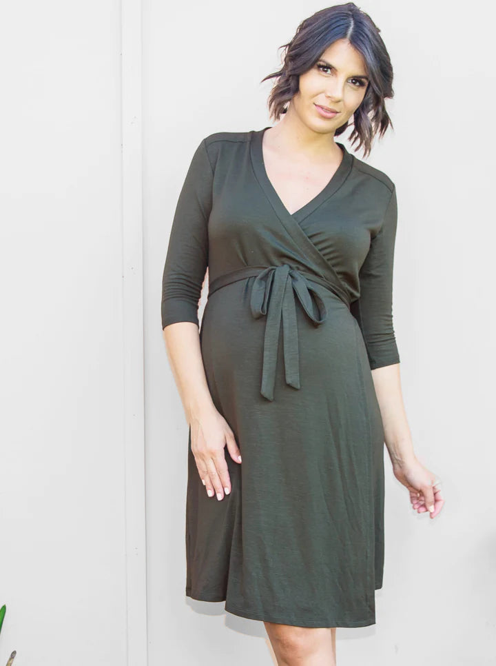 Maternity Classic Wrap Dress in Khaki